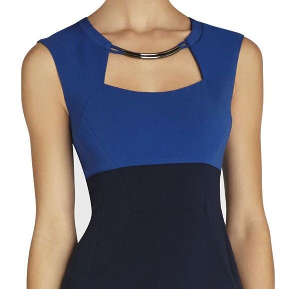 2 BCBGMaxAzria Black Blue Clara Color Blocked Sheath Dress Gold Necklace Pencil - Picture 2 of 6